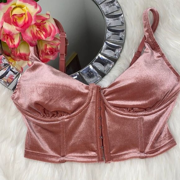 Vintage Other - Vintage Blush Pink Rose Gold Velvet Corset Balconette Underwire Bra 34B